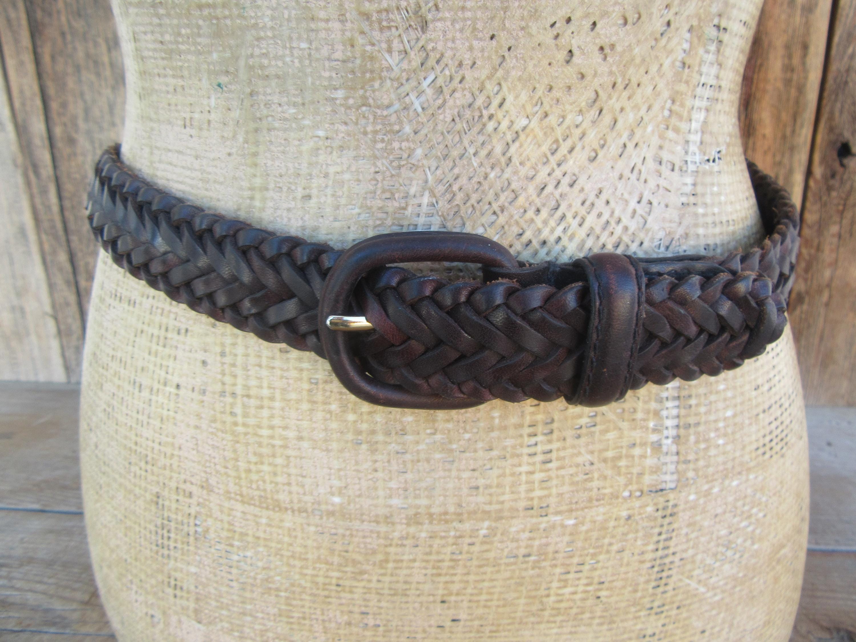 90s Dark Brown Leather Braided Belt, Covered Buckle - Large  display picture 3