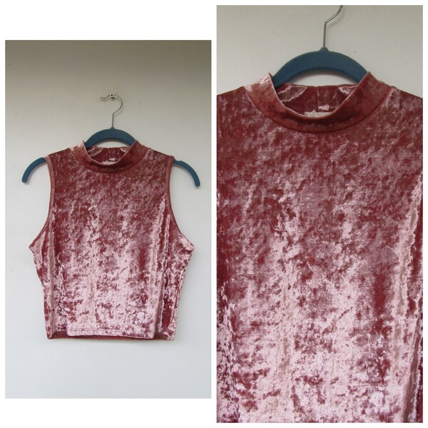 90's Mauve Pink Crushed Velvet Sleeveless Crop Top | Stretch Top | Crushed Velvet | Mock Neck | Crop Top