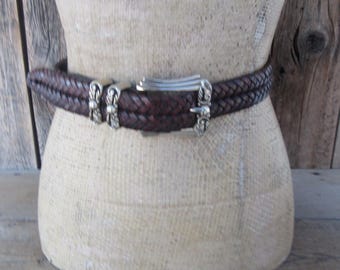 Pasek skórzany Brighton z lat 90. z plecioną klamrą, złota, pasuje na obwód 27-32 cali