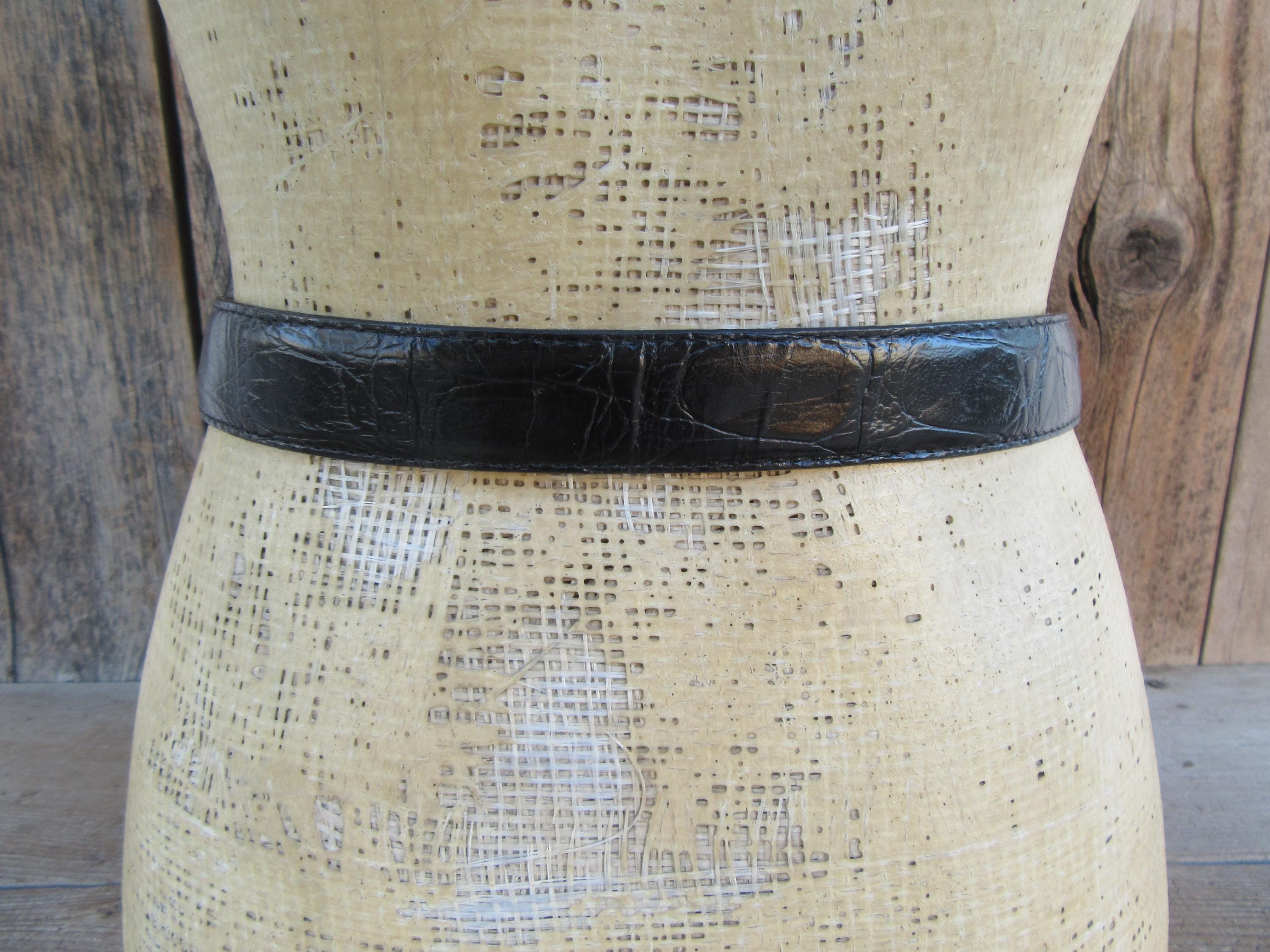90s Brighton Black Croc Embossed Leather Belt: Silver Tone 