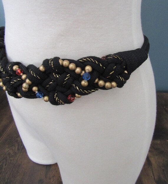 80's Black & Gold Braided Rope and Bead Belt | St… - image 4