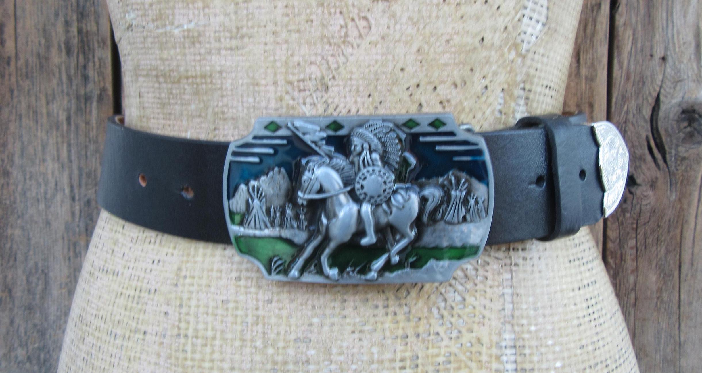 Vintage Indian Blanket Inset Black Leather Removable Buckle Waist Belt 25\