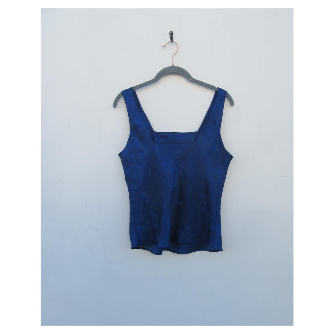 90's Blue Silky Floral Jacquard Shell Tank | Sleeveless Blouse | Shell ...