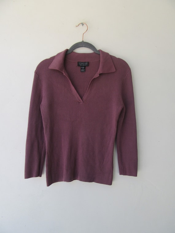 90's Purple Long Sleeve V-Neck Ribbed Knit Sweater