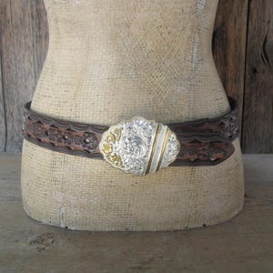 90&#39;s Floral Tooled Leather Belt With Silver & Gold Tone Buckle | Crumrine Buckle | Button Tab Buckle | Unisex Belt | Western Belt