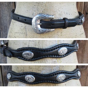 VTG 90s Tony Lama Black Leather Concho Belt - Scalloped Two Tone Buckle size 26 Tony Lama Men main image 4