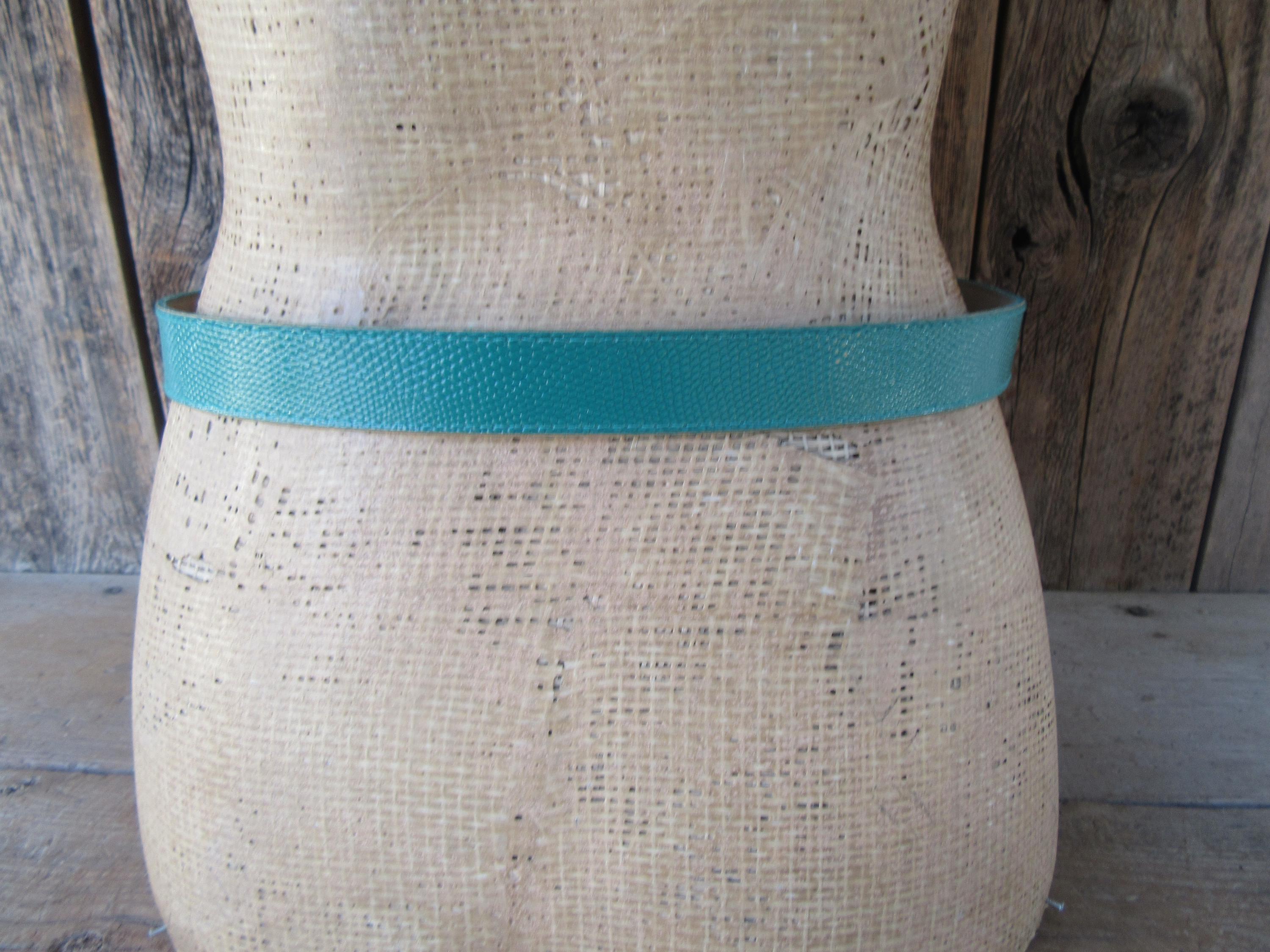 90s Blue Embossed Faux Lizard Vegan Belt: Gold Tone Buckle 