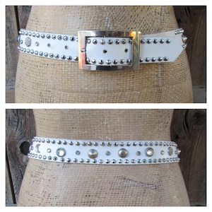 90s White Rhinestone Studded Leather Belt - 34 Inch - Etsy
