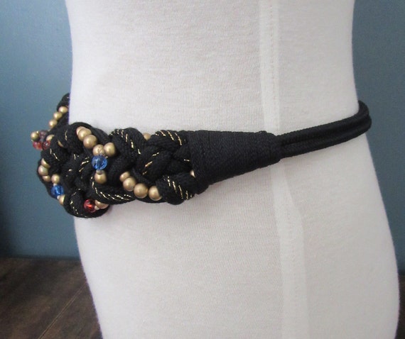 80's Black & Gold Braided Rope and Bead Belt | St… - image 5