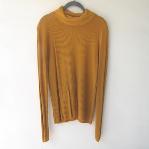 70s Marigold Ribbed Knit Turtleneck Sweater - Slinky Rayon Jumper