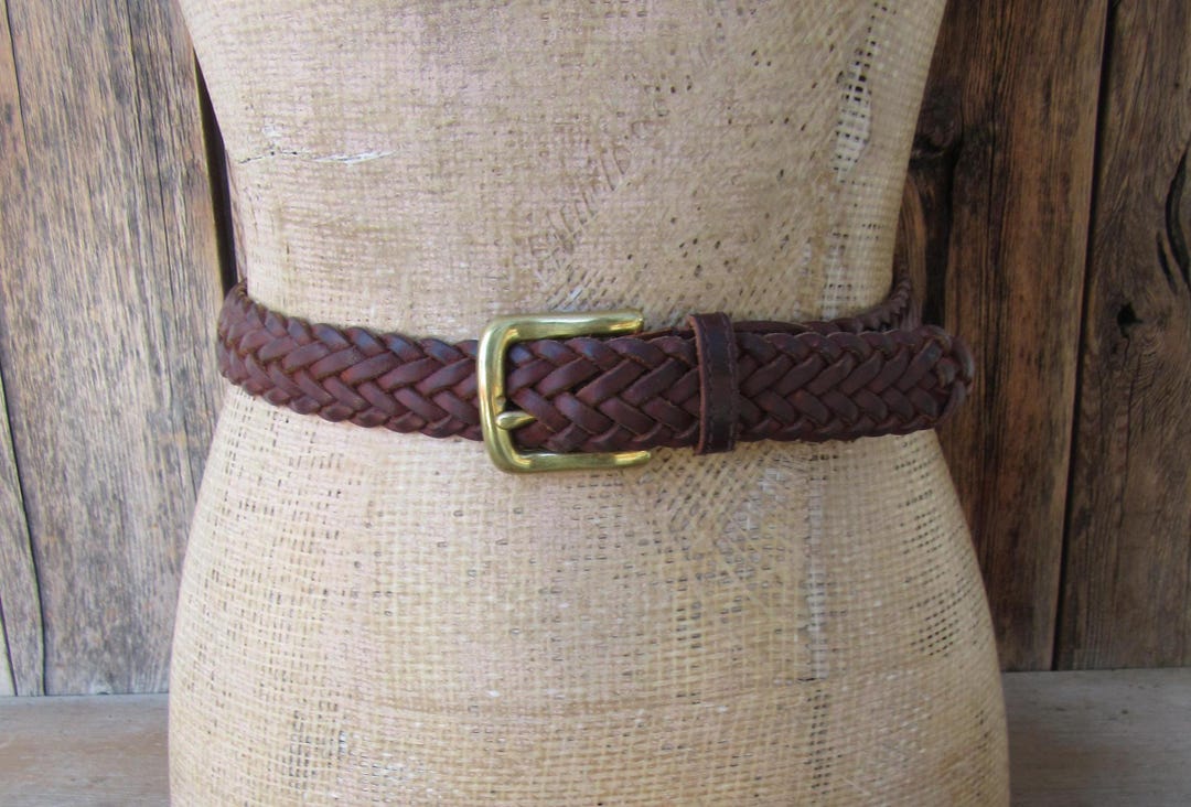 90s Brown Leather Braided Belt, Brass Buckle - Plus Size  display picture 3