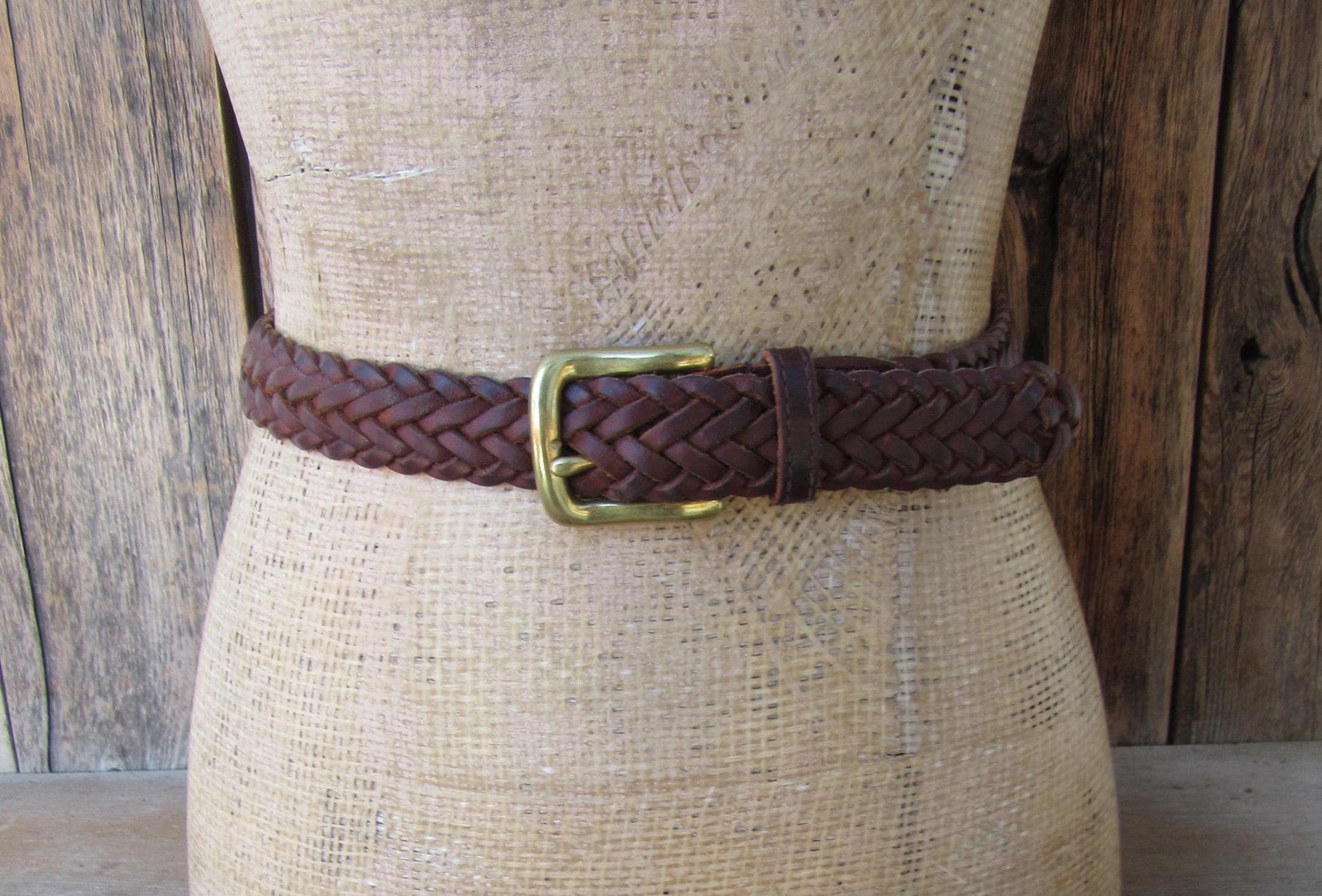 90s Brown Leather Braided Belt, Brass Buckle - Plus Size Belt - Etsy