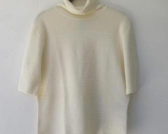 70&#39;s Ivory Short Sleeve Turtleneck Ribbed Knit Sweater | Textured Sweater | 70&#39;s Jumper | Roll Neck Sweater | Knit Top | Turtleneck Top