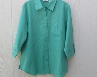 Top met knoopsluiting, jaren 90 aqua-linnenmix: boxy oversized pasvorm, klein medium