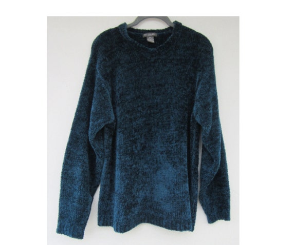 80s Blue Long Sleeve V-Neck Pullover Sweater | Bo… - image 1