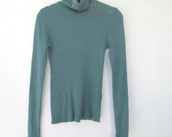90s Teal Ribbed Turtleneck Top: Rayon Nylon Blend XL