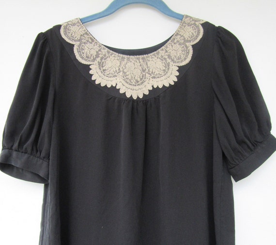 Vintage 90's Silk Lace Collar Sheer Black Top | S… - image 3