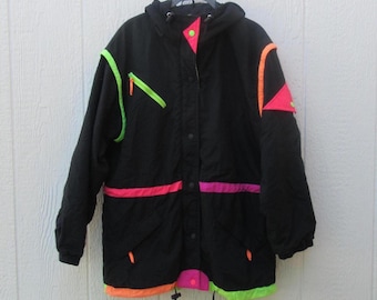 Giacca con cappuccio Parka nera e neon OBERMEYER vintage anni '80: taglia Junior 16 XL