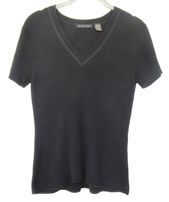 1990s Black Short Sleeve Ribbed V-Neck Tee | 90s … - image 2