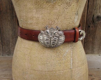 Brighton Croc Embossed Leather Belt: Noah's Ark Buckle, Size Medium