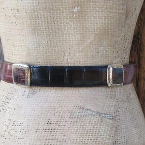 Pu&ograve; includere: Una cintura in pelle con una sezione centrale nera e estremit&agrave; bordeaux. La cintura ha una fibbia rettangolare argentata su ciascuna estremit&agrave;. La cintura &egrave; esposta su un manichino.