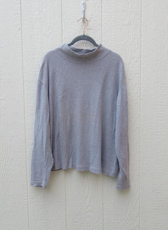 90s Gray Ribbed Mock Neck Knit Cotton Tee: Large Long Sleeve Top