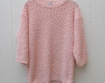 80s Pink Crewneck 3/4 Length Sleeve Sweater: Size Large