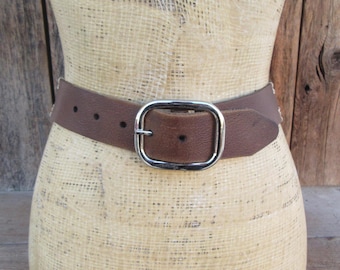 90s Brown Distressed Leather Belt: Silver Tone Buckle, Size Medium