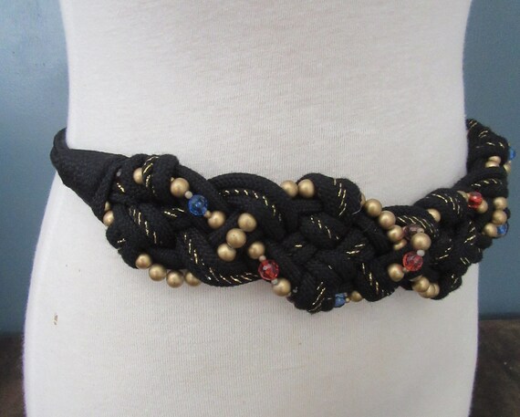 80's Black & Gold Braided Rope and Bead Belt | St… - image 7