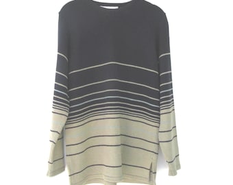 90s Striped Pullover Sweater: Black, Beige, & Blue - Size Small
