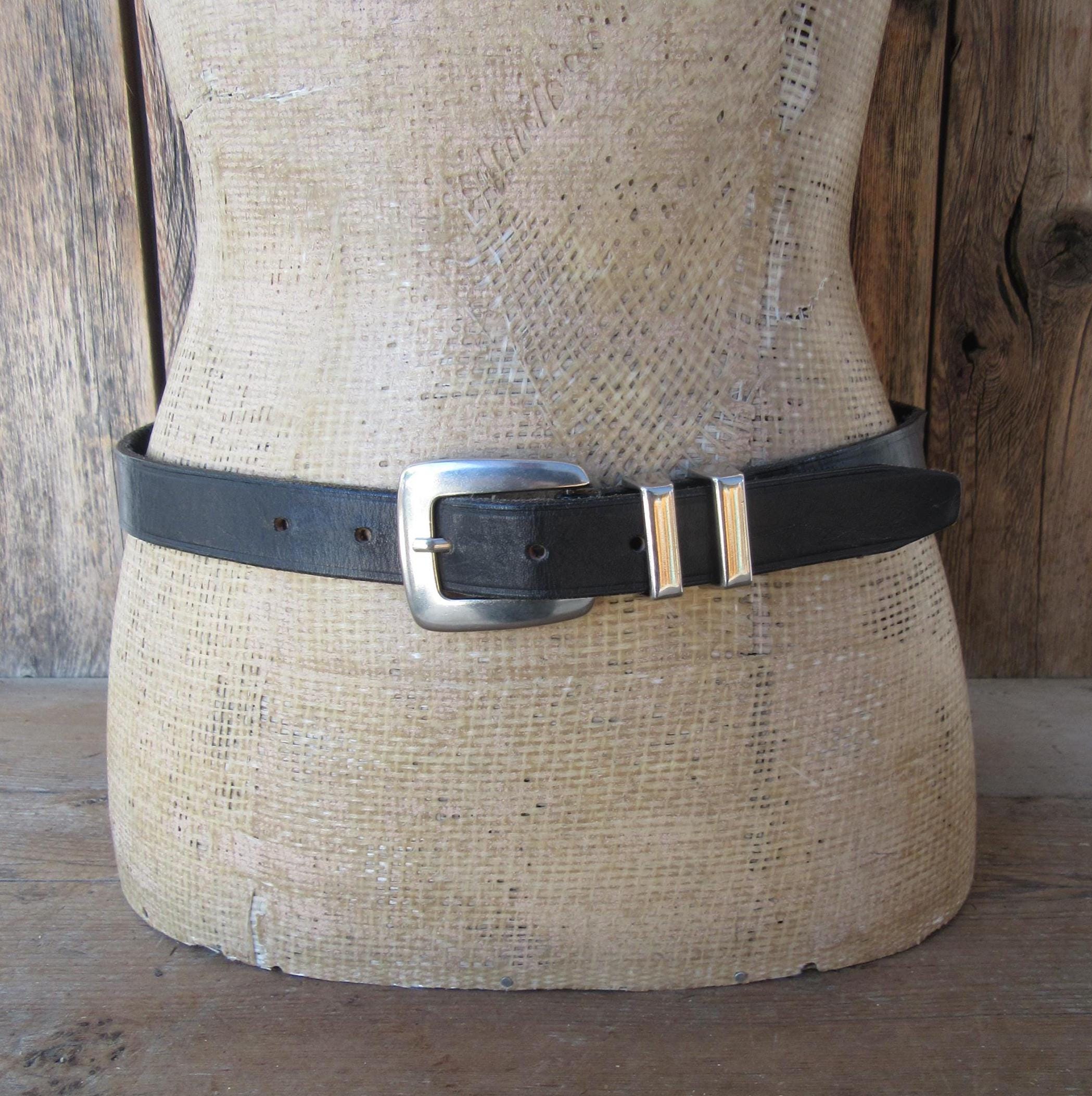 90s Black Leather Skinny Belt: Silver Tone Buckle & Keep  display picture 2