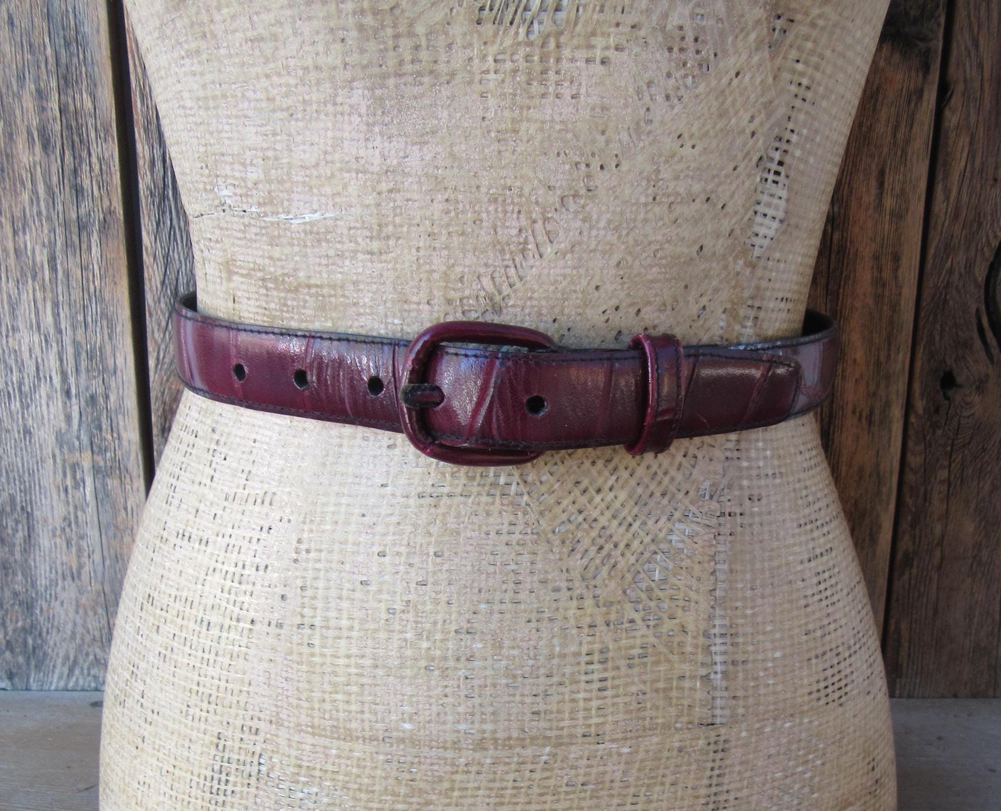 90s Burgundy Croc Embossed Leather Skinny Belt: Size Small - Etsy