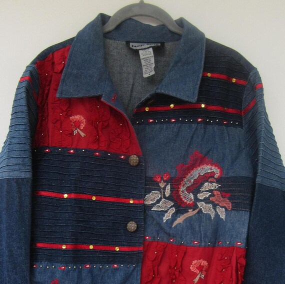 Vintage 90s Denim Patchwork Jacket: Embroidered I… - image 3
