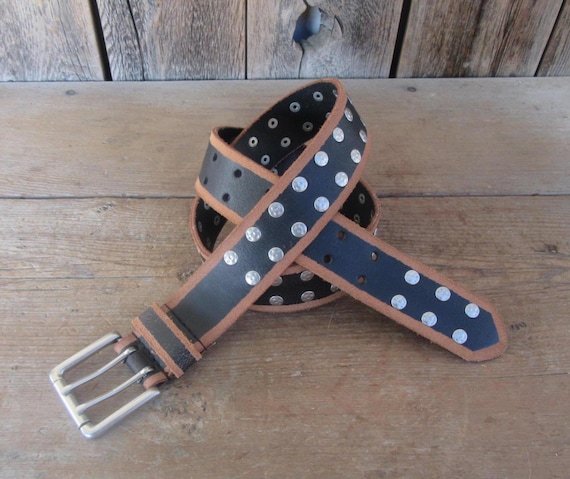 90s Studded Black Leather Belt: Silver Buckle, Size Medium  display picture 2