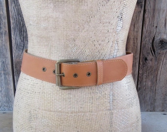 90s Cognac Leather Belt: Brass Buckle, Fits 29-32 inch Waist