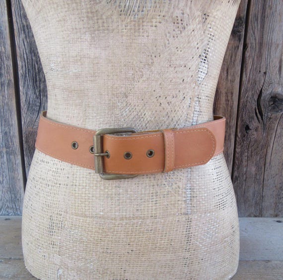 90s Cognac Leather Belt: Brass Buckle, Fits 29-32 Inch Waist - Etsy