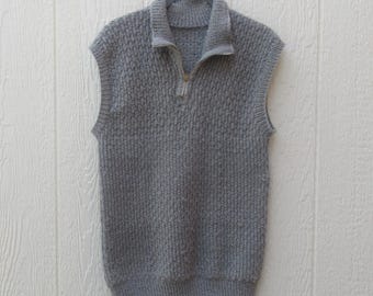 Grijze mouwloze handgebreide trui met ritskraag, jaren 80 - medium gebreide trui