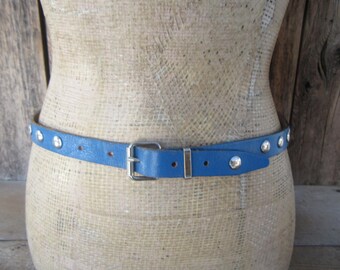 80s Blue Studded Skinny Leather Belt - 34 Inch - Etsy