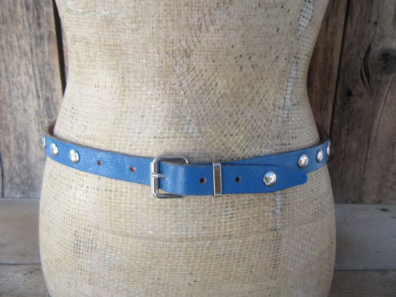 80s Blue Studded Skinny Leather Belt - 34 Inch - Etsy