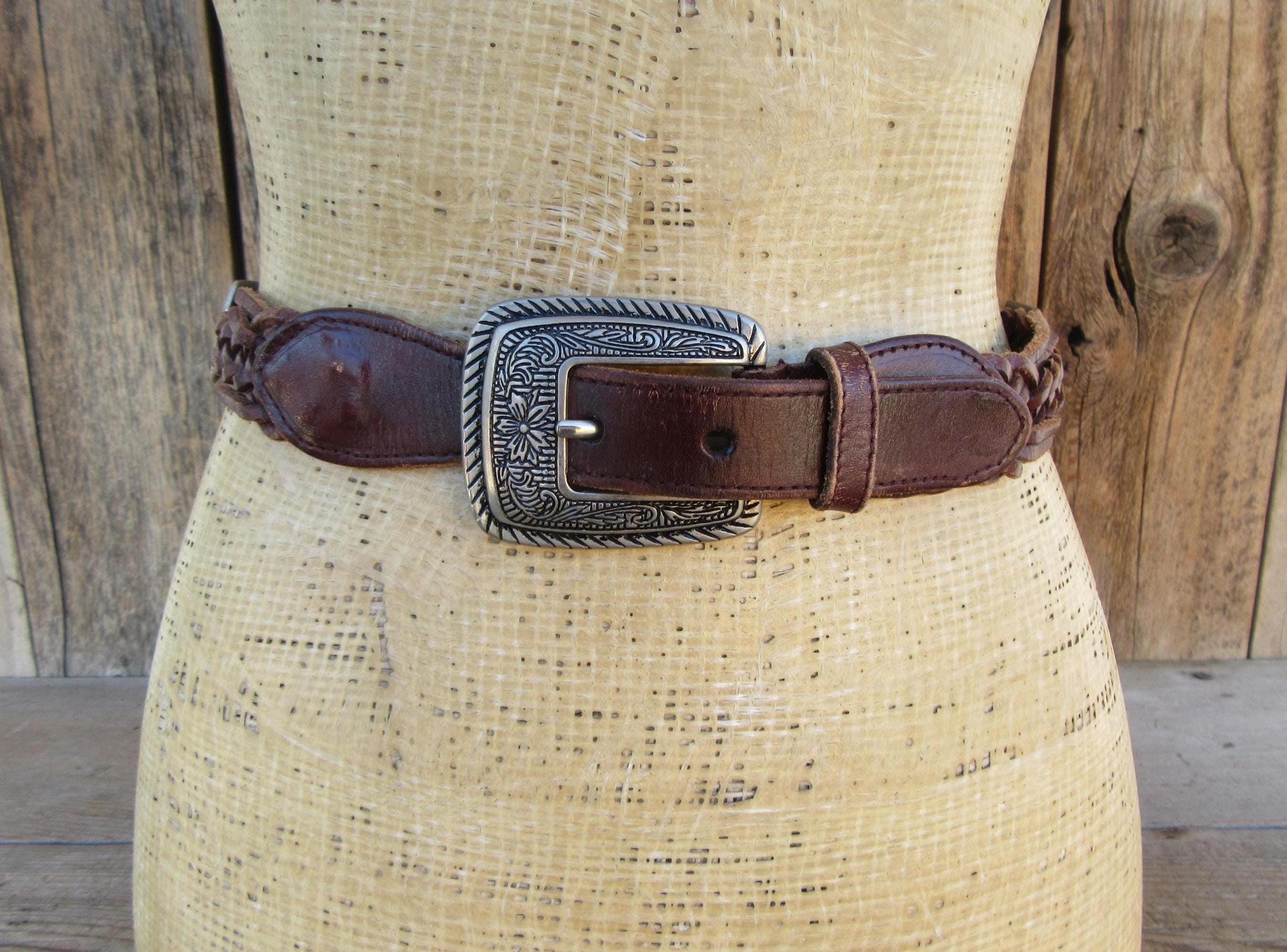 Vintage Western Leather Concho Belt‎ Brown Silver Tone USA Boho Rodeo 23-25\