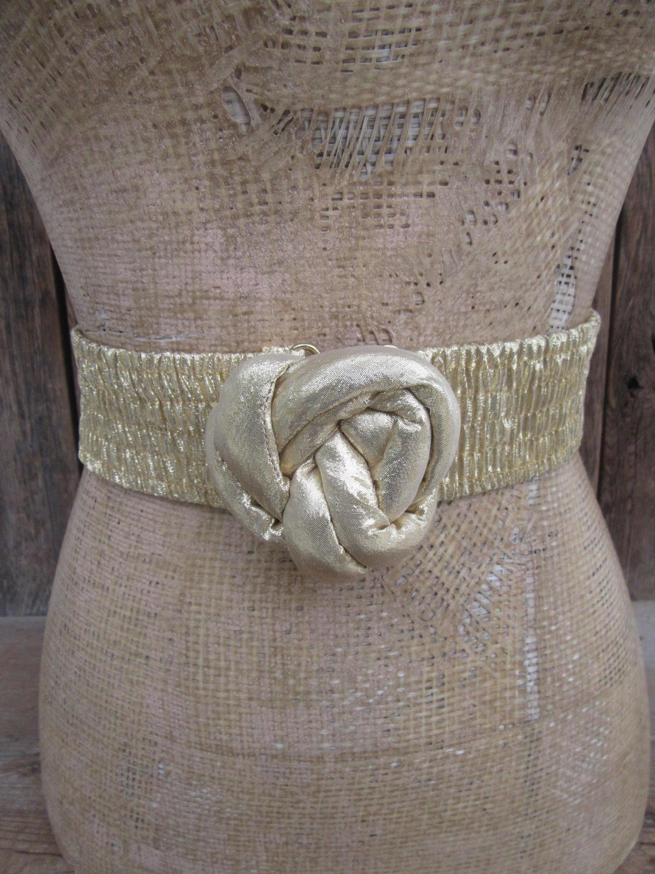 Vtg 80s/90s layered blue, yellow & tan elastic‎ stretch belt/brass floral detail 90s Circle Belt - Etsy main image 4