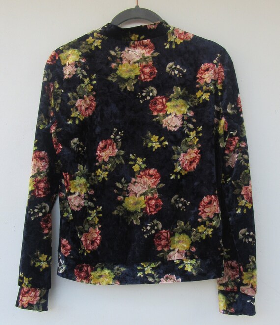 90s Navy Blue Floral Print Velour Zip Top | Stret… - image 3