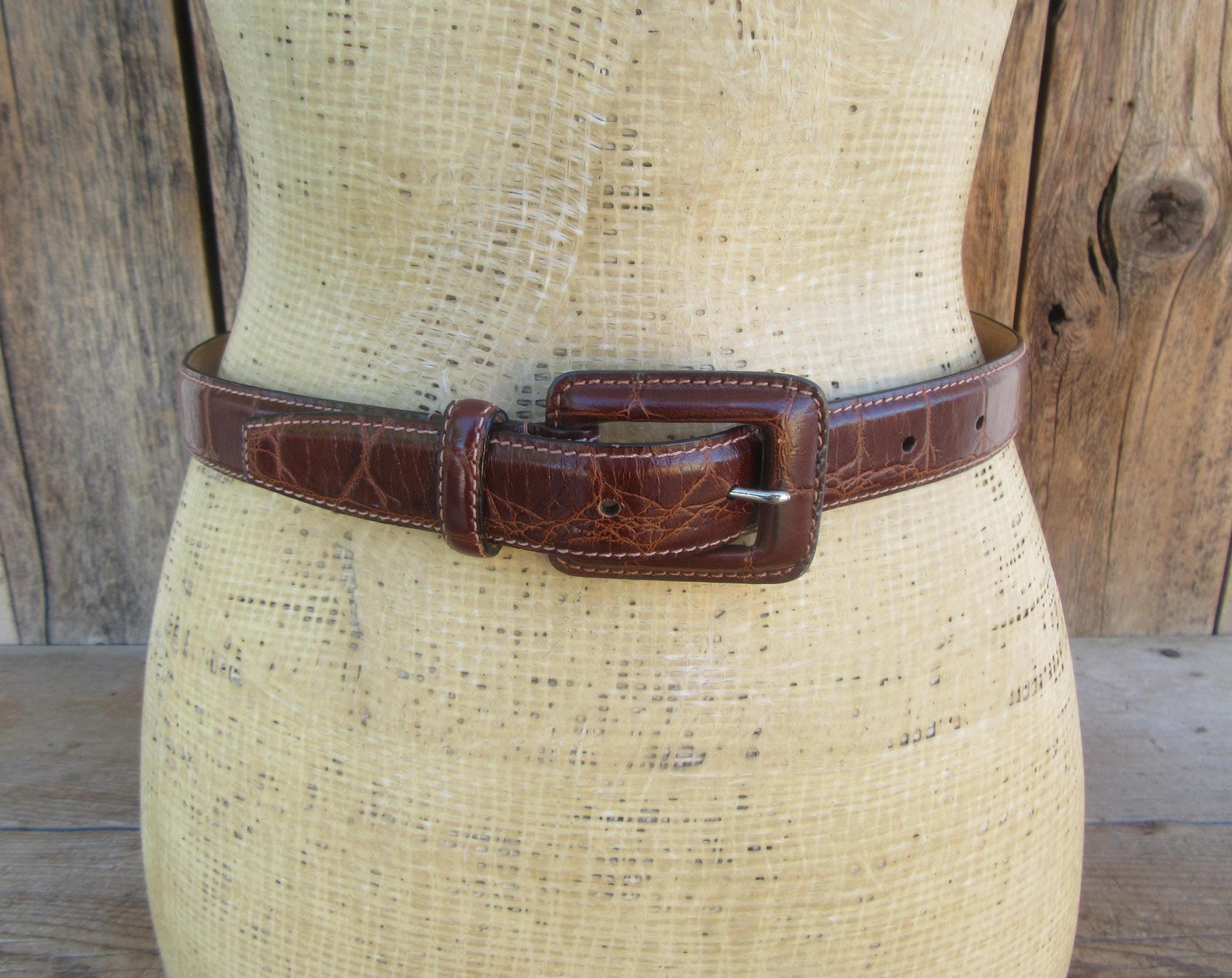 90s Brown Croc Embossed Leather Skinny Belt: Covered Buckle  display picture 1