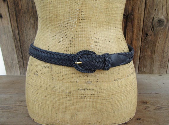 90s Black Woven Leather Skinny Belt: Covered Buckle, Medium Large