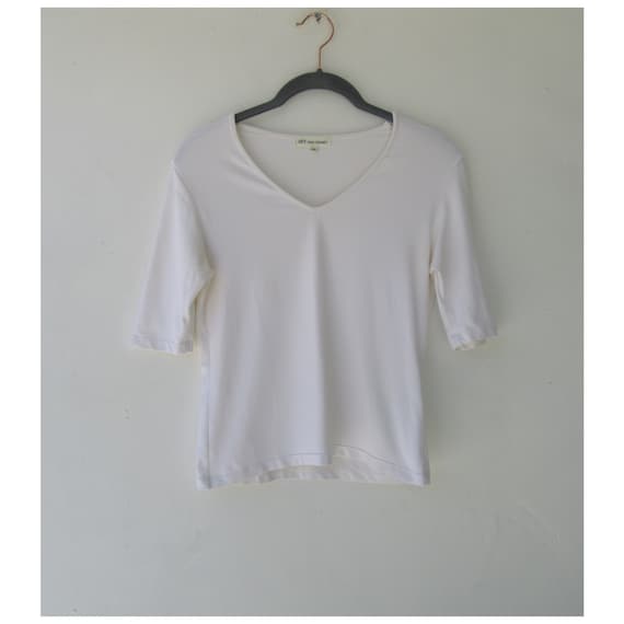 1990s White V-Neck Stretch Tee | Stretch Tee | Wh… - image 1