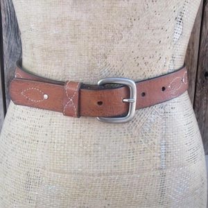 90s Brown Tooled Studded Leather Belt | Studded Belt | Tooled Leather Belt | Floral Tooled Belt