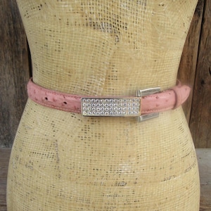 Tanner Italy Pink Ostrich Leather Belt Turquoise Statement Buckle Size L 378BT09 Tanner Womens Navy Leather Dark Pink Textile Belt Size Large  main image 2