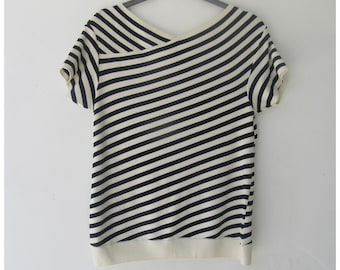90s Striped Cap Sleeve V-Neck Knit Top | V-Neck Blouse | 90s V-Neck Top | Striped Knit Shirt | Small Striped Top