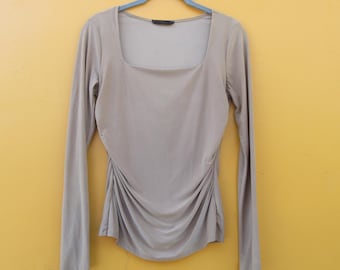 90s Pleated Knit Top: Slinky Long Sleeve Blouse - Medium