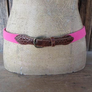 80s Moc Croc Leather & Pink Canvas Skinny Belt | 80&#39;s Skinny Belt | Preppy | Hot Pink Belt